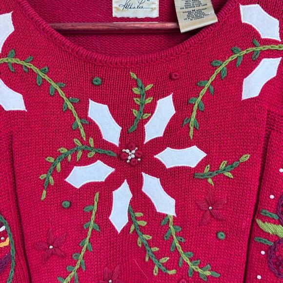 Vintage Christmas Red Cotton Beaded Appliqué Pullover Sweater Women’s Size M/L - Picture 9 of 13